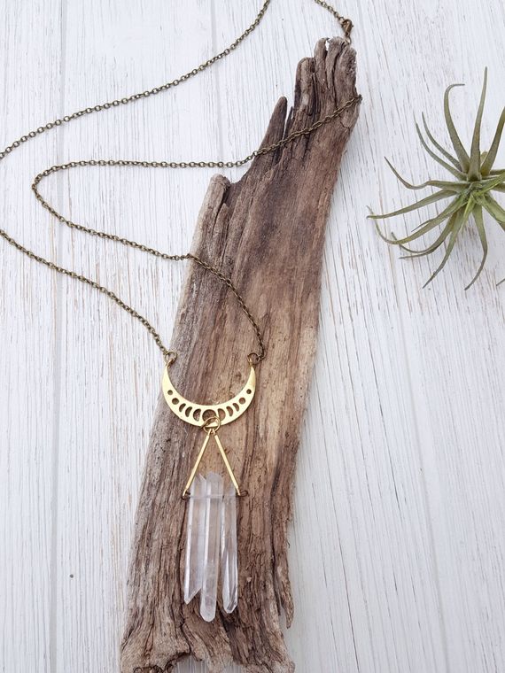 Moon Phase Clear Quartz Crystal Necklace